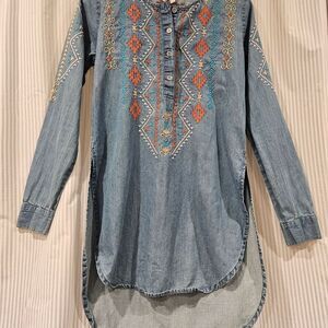 "Blue Denim" Embroidered Boho Southwestern Long Sleeve Tunic Top Sz S Roper
